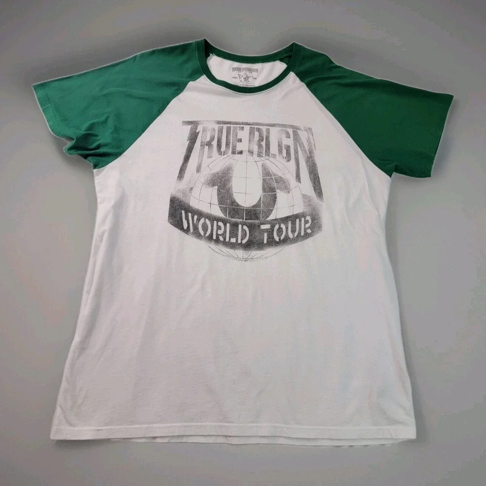 True Religion Shirt Mens white/ green BaseBall t-shirt, BuDDA LOGO short sleeve
